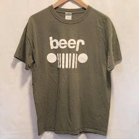 Jeep Beer T-Shirt Men's L Army Green 100%‎ Cotton Short Sleeve Tee Front Grill - Picture 1 of 7